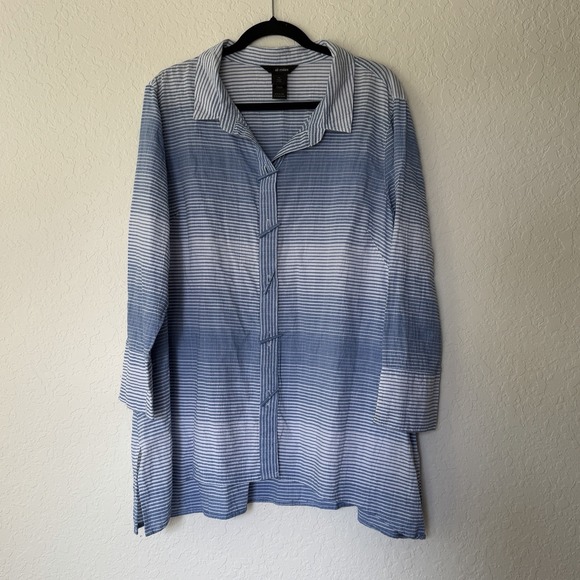 Ali Miles Tops - Ali Miles Womens Tunic Top XL Blue Lagenlook Abstract Artsy Button Up Cotton